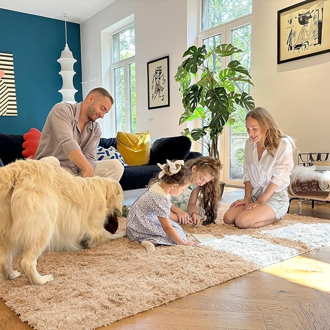 OLANLY 7x9 Machine Washable Large Area Rugs for Living Room, Bedroom, Soft Fluffy Shaggy Bedside Rug, Indoor Floor Carpet for Kids Girls and Boys, Dorms, Nursery, Home Decor Aesthetic, Beige