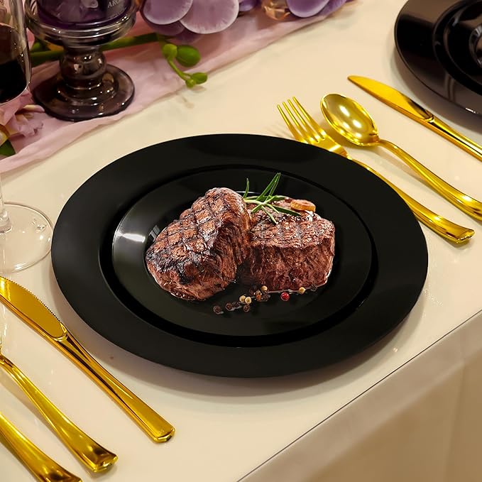 100 PCS Black Plastic Plates, Plastic Black Disposable Plates Include 50 10 inch Dinner Plate and 50 7 inch Dessert Plate, New Year black plates Perfect for Party, Wedding