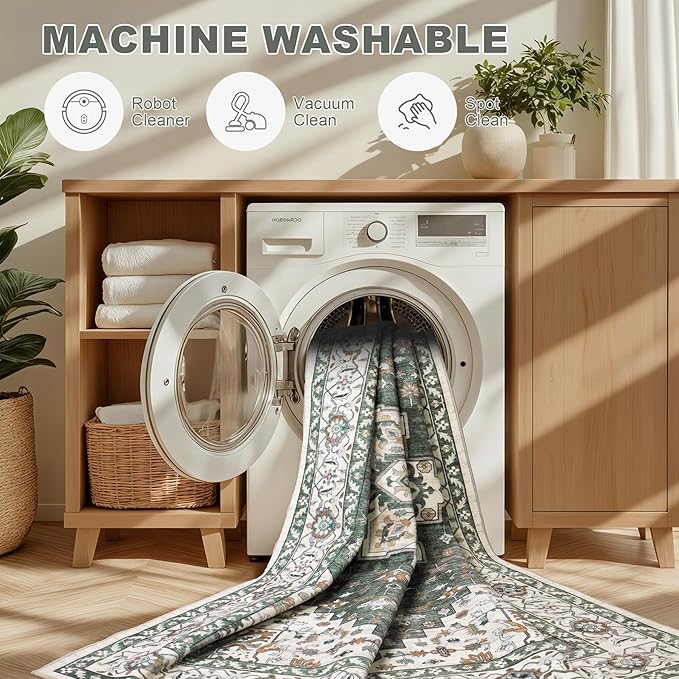 Area Rugs 10x14 Living Room Rug: Washable Rug Soft Vintage Boho Medallion Carpet Indoor Non-Slip Stain Resistant Large Carpets for Bedroom Dining Room Farmhouse Nursery Home Office Green Ivory