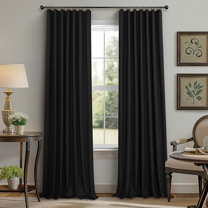Pitalk Black Blackout Curtains 96 Inches Long for Living Room Bedroom Faux Linen Window Treatments Sun Light Blocking Curtains for Ceiling to Floor Sliding Door Halloween Decor 96 Inch Length 2 Panels