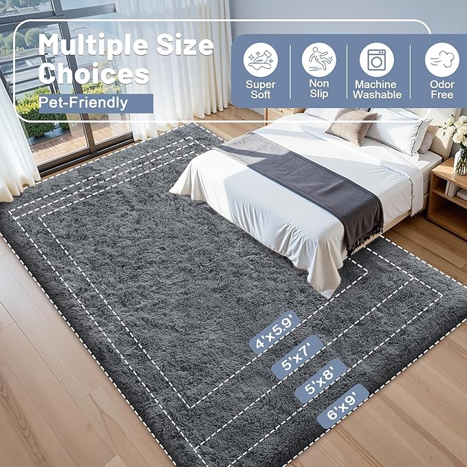 OLANLY 4x5 Machine Washable Accent Rug, Soft Fluffy Shaggy Area Rug for Bedroom, Living Room, Indoor Floor Carpet for Kids, Nursery, Home Decor, Grey