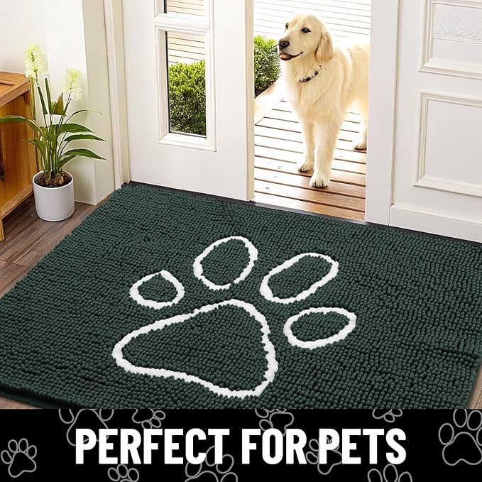 Smiry Dog Door Mat for Muddy Paws, Absorbent Dirt Trapper Non Slip Quick Dry Washable Chenille Mat for Mud Dogs, Entry Rug for Indoor and Outdoor (30x20 Inches, Green and White)
