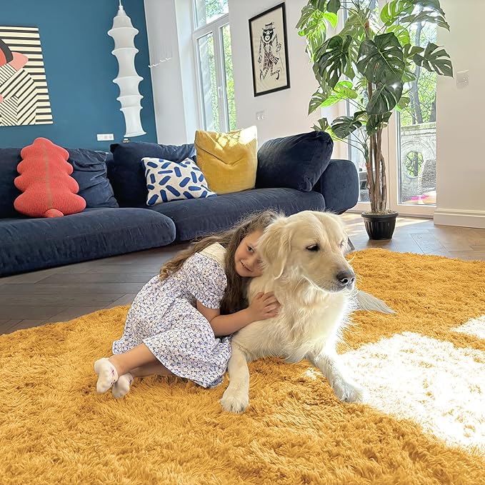 OLANLY 5x8 Machine Washable Large Area Rugs for Living Room, Bedroom, Soft Fluffy Shaggy Bedside Rug, Indoor Floor Carpet for Kids Girls and Boys, Dorms, Nursery, Home Decor Aesthetic, Mustard Yellow