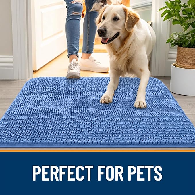 OLANLY Dog Door Mat for Muddy Paws 59x35, Absorbs Moisture and Dirt, Absorbent Non-Slip Washable Doormat, Quick Dry Chenille Mud Mat, Entry Indoor Entryway Carpet for Inside Floor, Cornflower Blue