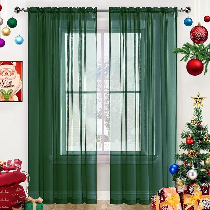 SpaceDresser Sheer Voile Window Treatment Rod Pocket Curtain Panels for Kitchen Bedroom Living Room Drapes Sunlight Filtering Privacy Semi Home Decor Assorted Colors Sizes (Foliage Green, 52 W x 96 L)