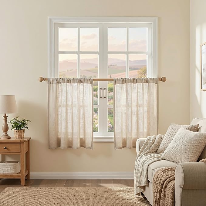 MYSKY HOME Kitchen Semi Sheer Oatmeal Curtains 24 Inch Long, Light Filtering Window Panels Rod Pocket Valance Neutral Drapes for Small Window/Cafe/Bathroom Basement, Taupe, 2 Panels, 34 x 24 Inch