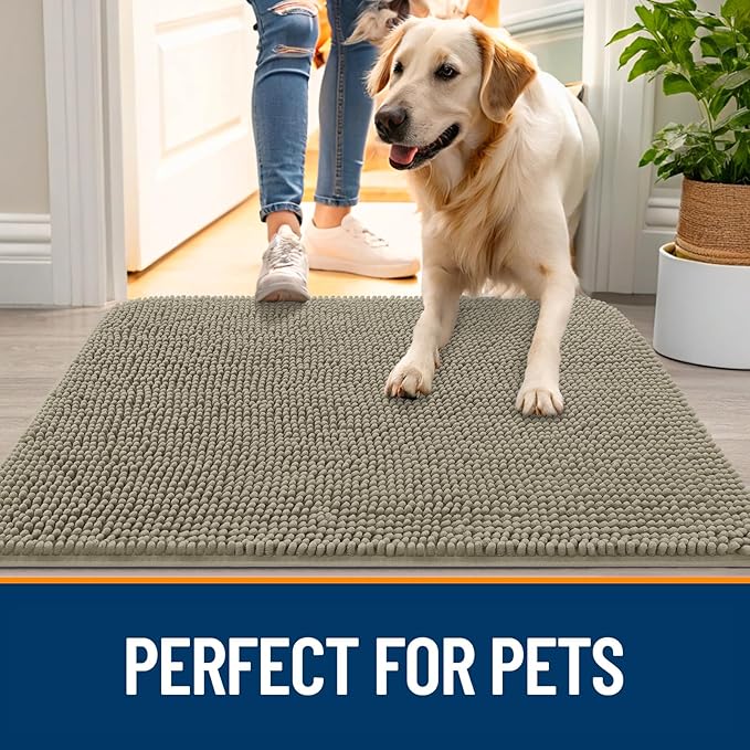 OLANLY Dog Door Mat for Muddy Paws 30x17, Absorbs Moisture and Dirt, Absorbent Non-Slip Washable Doormat, Quick Dry Chenille Mud Mat, Entry Indoor Entryway Carpet for Inside Floor, Warm Taupe