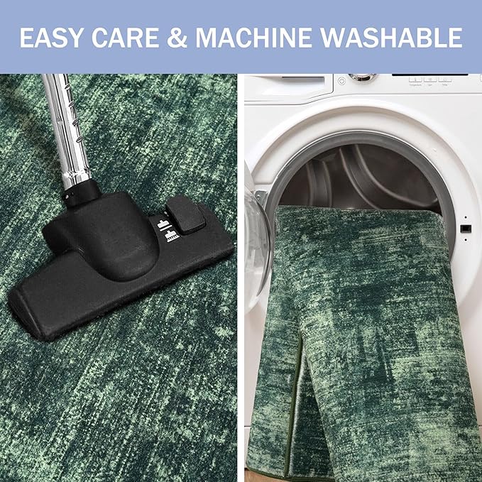 IOHOUZE Abstract Runner Rug 3x8 Ft Washable Runners for Hallways, Non Slip Kitchen Runner Printed Faux Wool Entryway Runner Indoor, Modern Abstract Floor Carpet for Hall Bedroom, Dark Green
