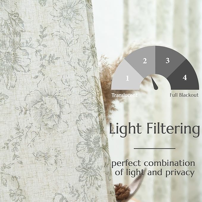 jinchan Linen Floral Curtains 63 Inch Length for Living Room Bedroom Light Filtering Farmhouse Peony Flower Drapes Rustic Window Curtain Set Rod Pocket Back Tab 2 Panels Green