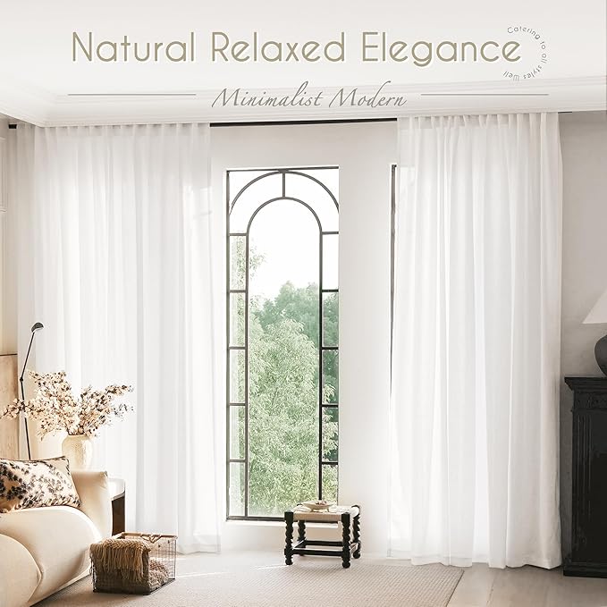 White Curtains 98 inches Long 2 Panels Back Tab Light Filtering Cotton Textured Curtain Modern Farmhouse Coastal Decor Off White Linen Drapes 98 inch Length for Patio Sliding Door Office Bedroom