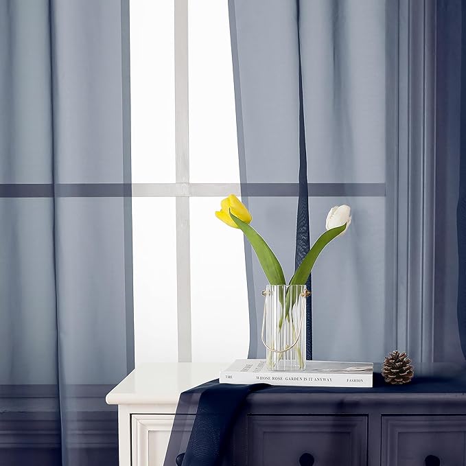 Lecloud Navy Blue Sheer Curtains 78 Inches Long 2 Panels, Light Filtering Voile Airy Curtains, Balance Light Privacy Window Treatments with Dual Rod Pocket for Bedroom Laundry Room, Each 42" W x 78" L