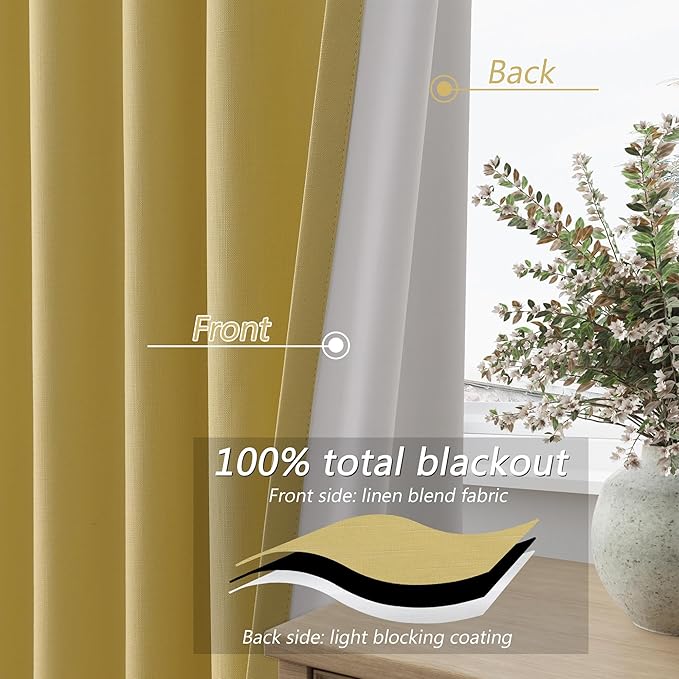 Guken Yellow 100% Blackout Curtains 102 Inch Length 2 Panels Set for Living Room Bedroom Back Tab Thermal Insulated Black Out Linen Drapes Room Darkening Window Curtains, 52x102
