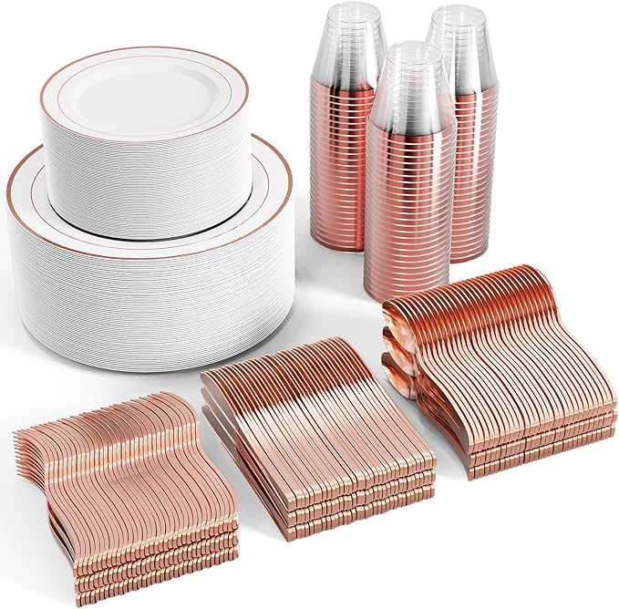 FOCUSLINE 600 Ct Rose Gold Dinnerware Set for 100 Guests - Rose Gold Rimmed Disposable Plastic Plates, Includes 100 Dinner & Salad Plates, Cups, Cutlery Set for Wedding Parties