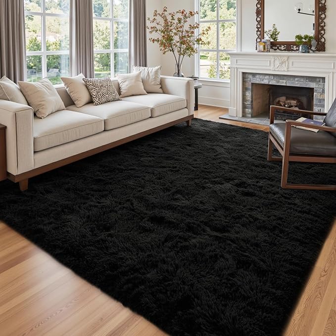 6x9 Ft Large Shag Black Rug for Living Room, Ultra Soft Fluffy Furry Area Rugs for Bedroom Indoor Floor, Aesthetic Carpet for Kids Home Decor