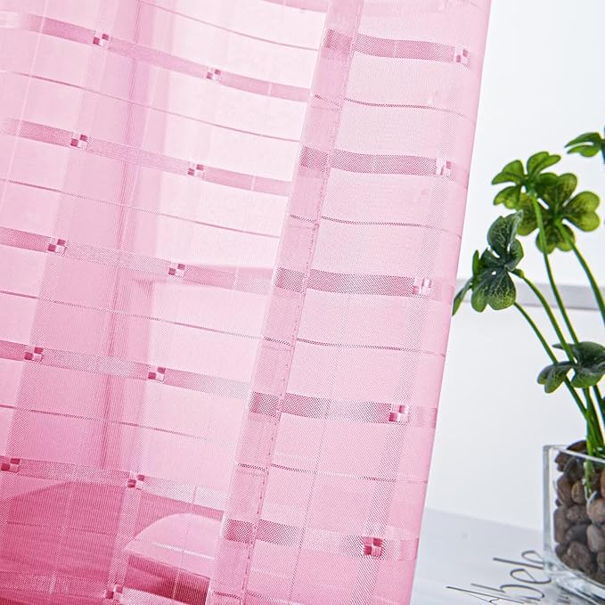 SpaceDresser Check Sheer Curtains 96 Inches 2 Panels Set, Rod Pocket Plaid Window Curtain for Living Room, Pink Semi Sheer Drapes for Kitchen Bedroom Children Room Yard（Pink, 52W x 96L）