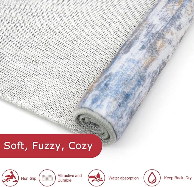 KOZYFLY Modern Abstract Washable Rug Runner 2.6x18 Hallway Rug Runner Non-Slip Soft Kitchen Runner Rugs, Blue Rust Striped Carpet for Entryway Bathroom Laundry Room Foyer