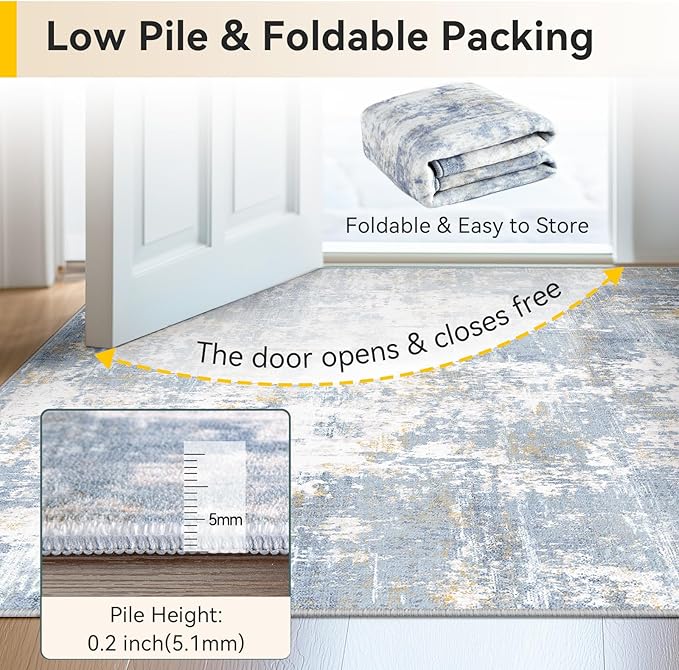Washable Area Rugs 5'x7' Non-Slip Modern Abstract Soft for Living Room Entryway Bedroom Nursery, Print Pattern, Light Blue