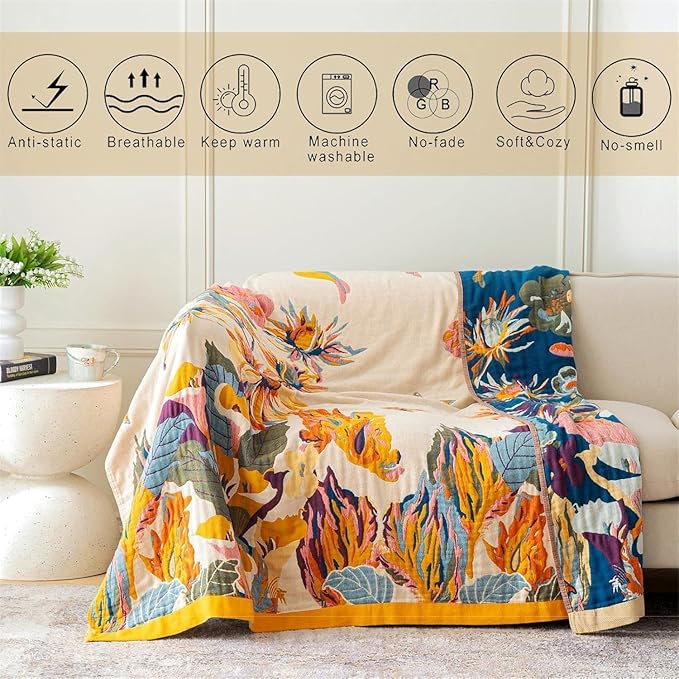 MSGKV Boho Throw Blanket Queen Size 90"x90" Cotton Blanket for Bed Spring Breathable Throw Blanket for Living Room Home Decorative