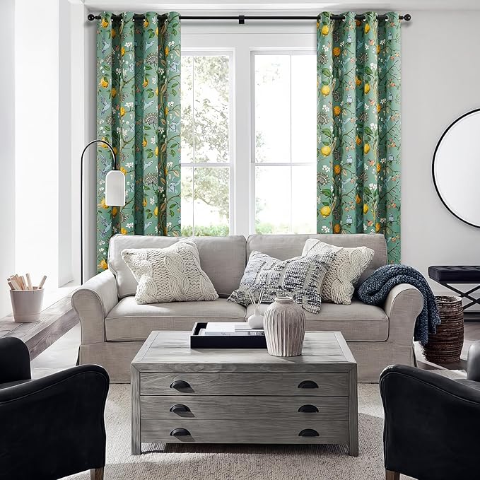 Topfinel 92 Inches Long Custom Sage Green Luxury Curtains for Living Room Bedroom, Blackout Vintage Victorian Curtains Floral Lemon Hummingbird Printed Grommet Drape 92 Inch Length