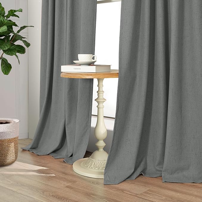 Charcoal Grey Curtains for Bedroom 2 Panel Set 63 Inch Length 100% Blackout Linen Look Thermal Insulated Light Blocking Darkening Bay Window Curtains for Boys Nursery Living Room Bathroom Dark Gray