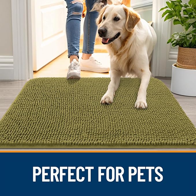 OLANLY Dog Door Mat for Muddy Paws 47x24, Absorbs Moisture and Dirt, Absorbent Non-Slip Washable Doormat, Quick Dry Chenille Mud Mat, Entry Indoor Entryway Carpet for Inside Floor, Willow Green