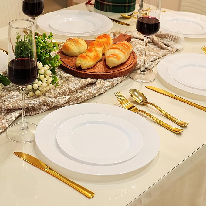 60 PCS White Plastic Plates, Plastic Disposable Plates Include 30 Dinner Plate and 30 Dessert Plate Perfect for Holiday, Birthday, Wedding & Party
