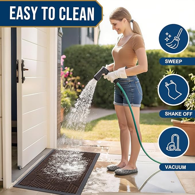 Smiry Front Door Mat Outside Entrance, Heavy Duty Sturdy Natural Rubber Doormat, Trap Dirt and Moisture, Easy Clean Low Profile Mats for Indoor Outdoor Entry, Irregular Triangle (47x32, Dark Brown)