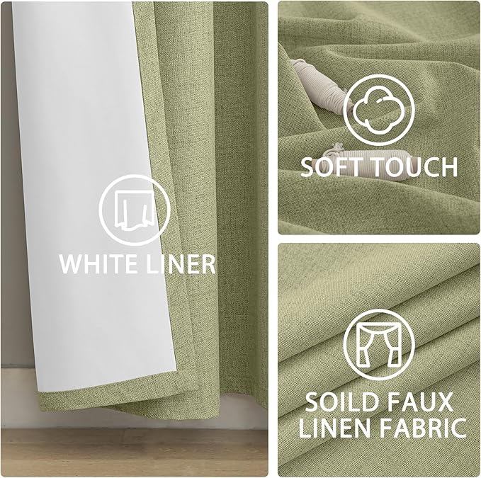 Yakamok Sage Green Linen Curtains 100% Blackout 96 Inches Long,Room Darkening Textured Curtains for Living Room Thermal Grommet Bedroom Curtain 2 Panels with Greyish White Liner