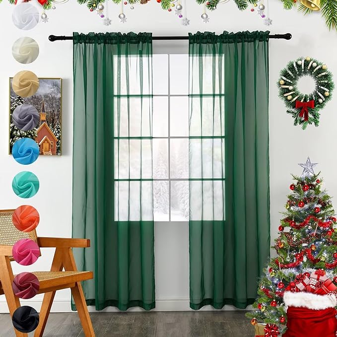 youleyar Solid Sheer Rod Pocket Curtain Voile Draperies 2 Panels White Beige Black Grey Coffee 42 Inch Width 63 Inch Long 1 Pair for Kitchen Bedroom Children Living Room Yard (Foliage Green,42Wｘ63L)