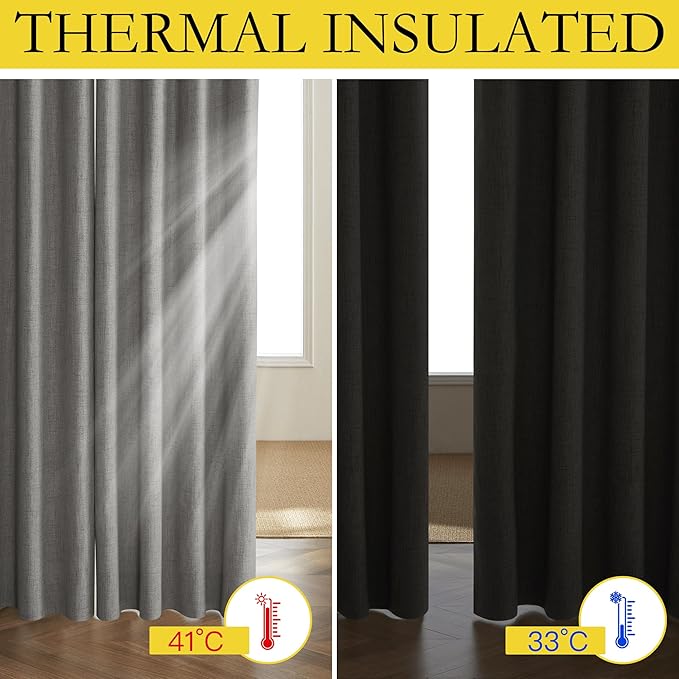 NICETOWN Grizzle Gray Vintage Linen 100% Blackout Curtains for Living Room, Thermal Insulated Curtains 90" Long, Noise Reducing Window Treatment Drapes for Home Cinema, 52" Wide Per Panel, Set of 2