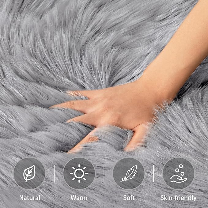 Ciicool Fluffy Area Rug, Grey Faux Fur Rug for Bedroom Living Room, Thick Fuzzy Shag Rug Furry Nursery Rug Plush Indoor Floor Carpets for Kids Girls Boys Teen Dorm, 4x6 ft