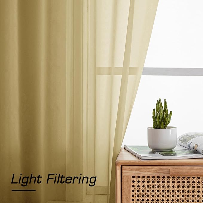 Simplebrand Gold Sheer Curtains, 72" Length, 2 Panels Set - Light Filtering, Rod Pocket Window Curtains for Bedroom (Gold, 59" W x 72" L)