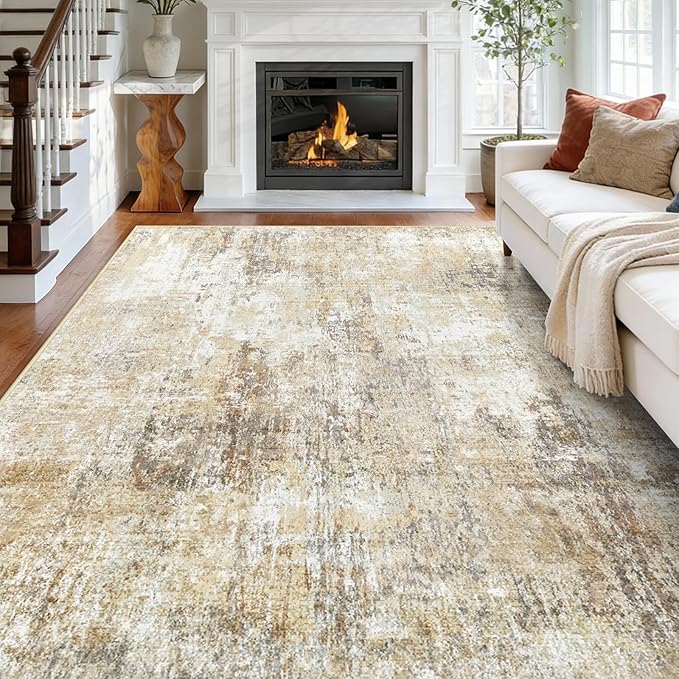 Washable Area Rugs 6'x8' Non-Slip Modern Abstract Soft for Living Room Entryway Bedroom Nursery, Print Pattern, Neutral Brown Gray