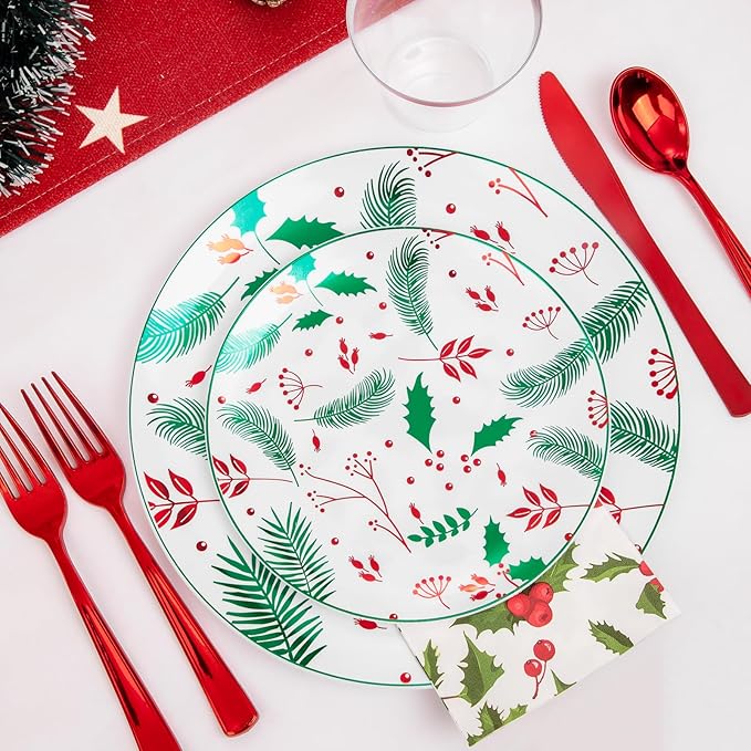 bUCLA 175pcs Christmas Plastic Plates - Christmas Plates Disposable with Red Silverware, Red Cups and Paper Napkins Berries and Holly Leaves for 25 Guests for Xmas Party