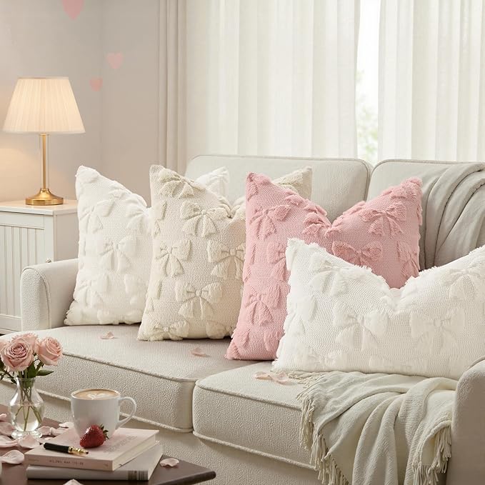 decorUhome Cream White Bow Pillow Covers Set of 2 Coquette Aesthetic Cute Preppy Plush Faux Pillowcases for Girly Bedroom or Couch 18x18 Inch