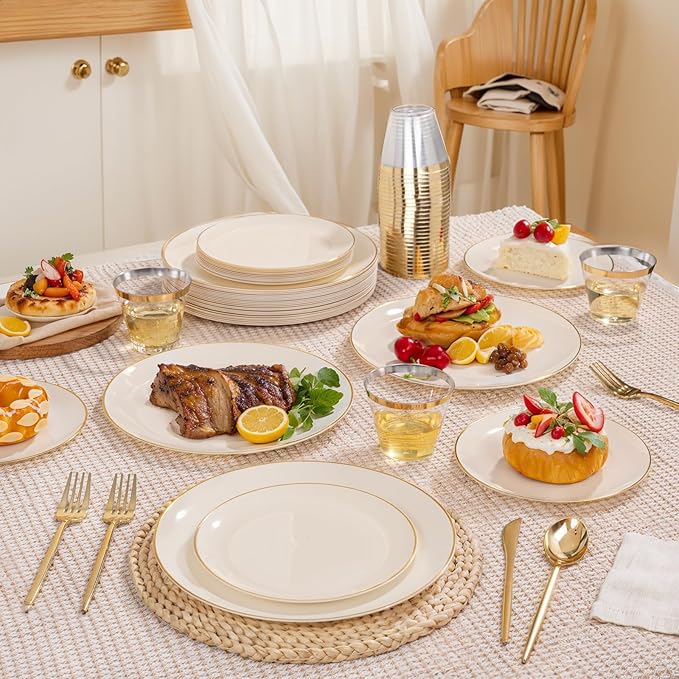 bUCLA 150PCS Ivory Plastic Plates with Gold Trim - Heavy Duty Cream Plastic Disposable for Party & Wedding - Include 25 Each（Dinner & Dessert） Plates, 25 Knives, 25 Forks, 25 Spoons & 25 Cups