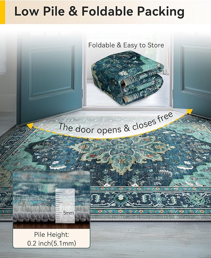 RELEANY Area Rugs 2'x8' Runner Rug Non Slip Washable for Kitchen Hallway Bedroom Beside Laundry Room Bathroom Rug, Floor Carpet, Teal Green Lake Blue Turquoise