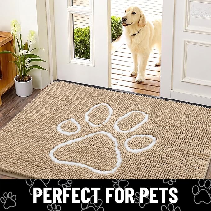 Smiry Dog Door Mat for Muddy Paws, Absorbent Dirt Trapper Non Slip Quick Dry Washable Chenille Mat for Mud Dogs, Entry Rug for Indoor and Outdoor (47x17 Inches, Beige and White)