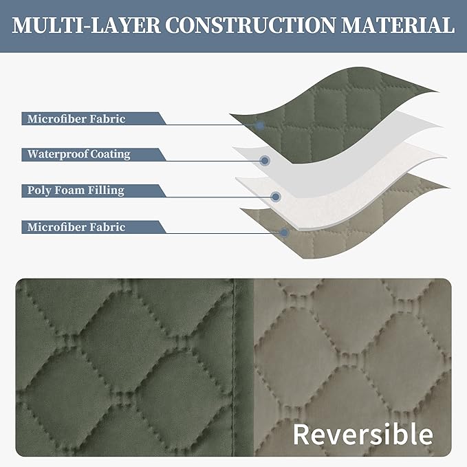 ISSUNTEX Double Protection 100% Waterproof Loveseat Sofa Covers for Living Room, Couch Covers for 2 Cushion Couch, Reversible Furniture Protector Sofa Cover for Dogs (Loveseat, Greyish Green/Beige)
