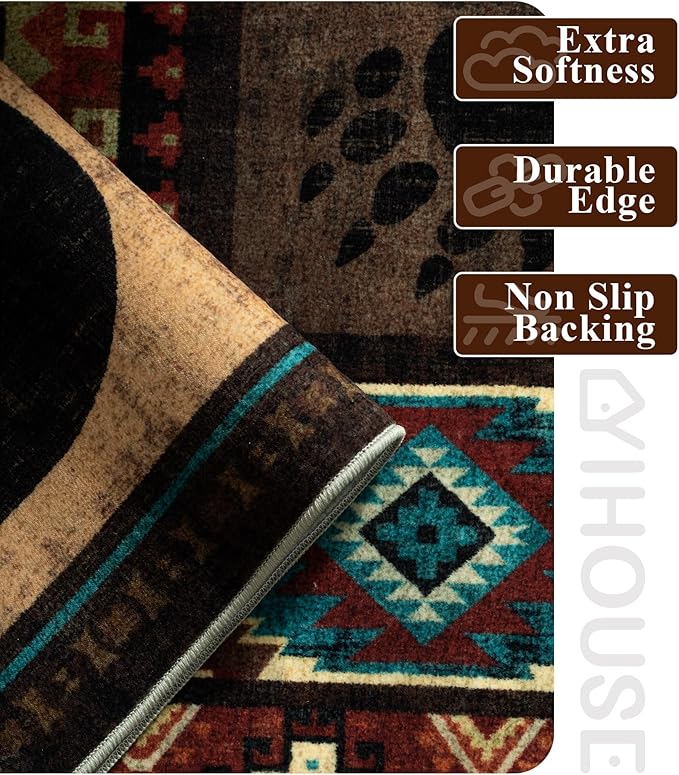 Rustic Cabin Runner Rug 2x8 Indoor Door Mat - Bear Non-Slip Entryway Runner Rug, Low Pile Tribal Print for Kitchen, Bedroom