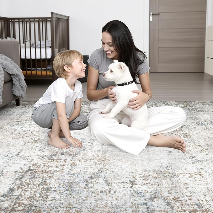 4x6 Area Rug Living Room Rug: Washable Modern Abstract Soft Thin Rug Indoor Floor No Slip Stain Resistant Carpet for Bedroom Dining Room Farmhouse Nursery Home Office - Brown Grey