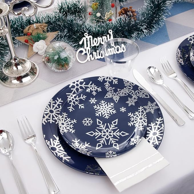 bUCLA 175pcs Christmas Plastic Plates - Christmas Blue and Silver Plastic Snowflake Plates with Silverware, Cups and Paper Napkins - Disposable for Xmas