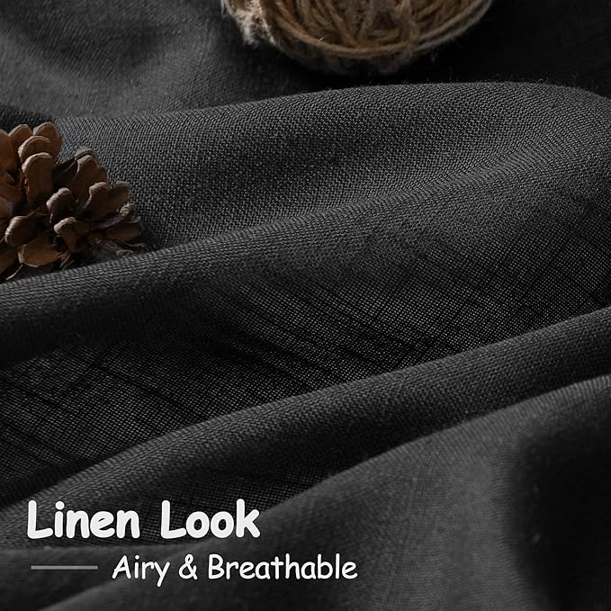 Black Linen Curtains 80 inches Long for Bedroom Back Tab Light Filtering Privacy Sheer Black Curtains Modern Farmhouse Coastal Decor Black Cotton Textured Gauze Curtain 2 Panel Set 52x80