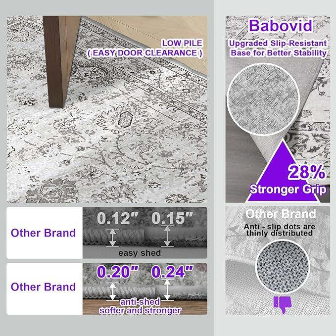 Floral Washable 6x9 Area Rugs, Soft Grey White Bedroom Rug for Living Room Ultra-Thin Non Slip Dining Room Rug, Stain Resistant Rugs Easy Clean Throw Carpet for Office(6 x 9, Grey White)