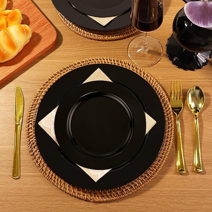 60 PCS Black Plastic Plates, Plastic Black Disposable Plates Include 30 10 inch Dinner Plate and 30 7 inch Dessert Plate, black plates Perfect for New Year Party, Wedding