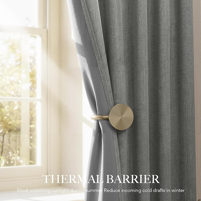 RYB HOME 100% Blackout Linen Textured Curtains 90 inches Long, Thermal Insulating Privacy Energy Saving for Bedroom Living Room Window Office Theater Baby Nursery, W 52 x L 90 in, Grey, 2 Panels