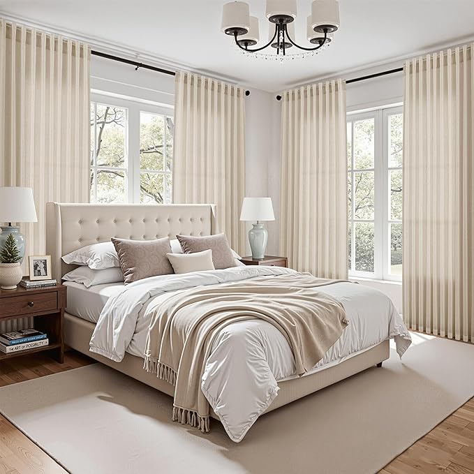 Cream Beige Linen Curtains for Living Room 105 Inches Long Light Filtering Semi Sheer Curtain Back Tab Modern Farmhouse Decor Elegant Luxury Coastal Drapes for Bedroom Dinner Room 52x105, 2 Panels