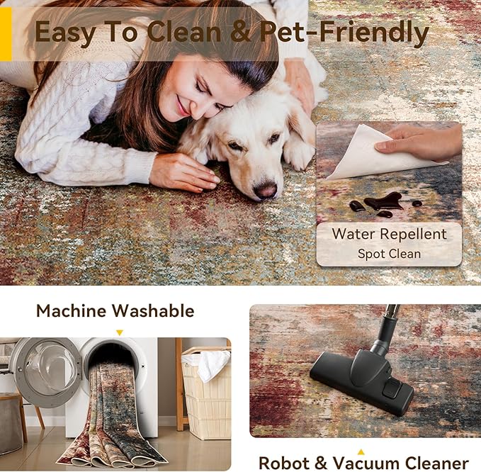 Washable Area Rugs 8'x10' Non-Slip Modern Abstract Soft for Living Room Entryway Bedroom Nursery, Print Pattern, Brown Rust Red Green Blue Multi