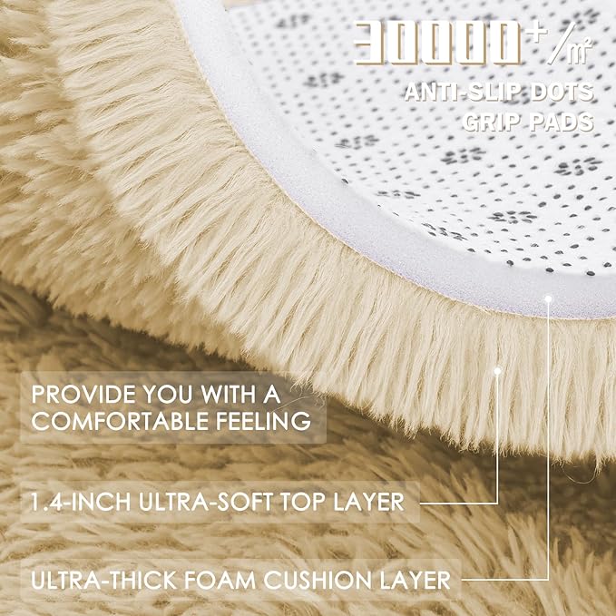OLANLY Cream Round Rugs for Bedroom - Machine Washable, 5 ft Circle Area Rugs for Living Room, Soft and Fluffy Shaggy Carpet for Teen Girl and Boys, Nursery Rooms, Dorms, Home Decor Aesthetic