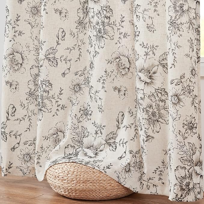jinchan Linen Floral Curtains 84 Inch Length for Living Room Bedroom Light Filtering Farmhouse Peony Flower Drapes Rustic Window Curtain Set Rod Pocket Back Tab 2 Panels Black